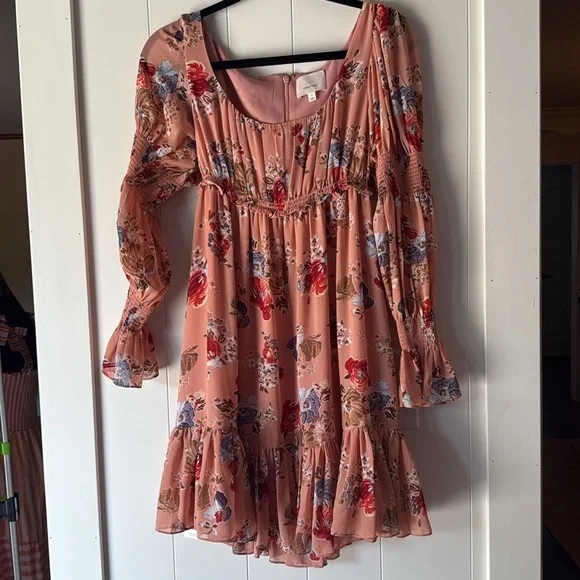 Cinq A Sept Simone Mini Dress Tiered Floral Print Chiffon Bare Rose Pink 4 - Picture 2 of 3